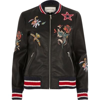 Black faux leather embroidered bomber jacket